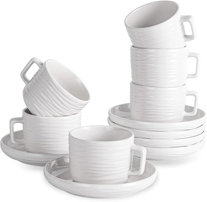 Tea Cups and Saucers Set, 8 OZ White Porcelain Coffee Cups | British Tea Set of by CHILDIKE