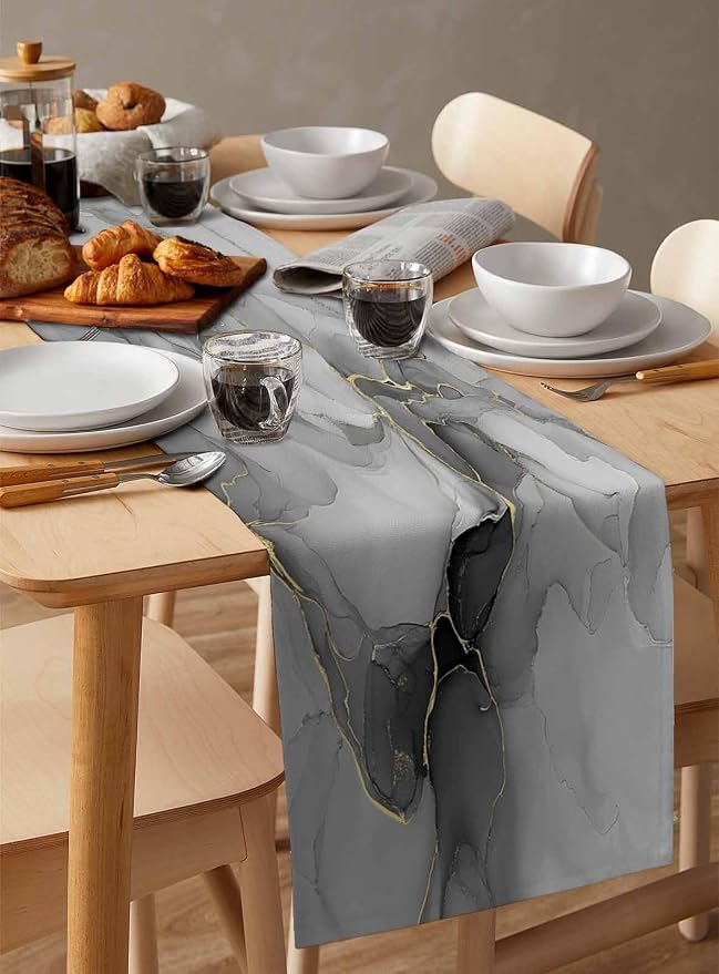 Grey Marble Table Runners 90 Inches Long, Cotton Linen Fabric Table Runner - Image 3