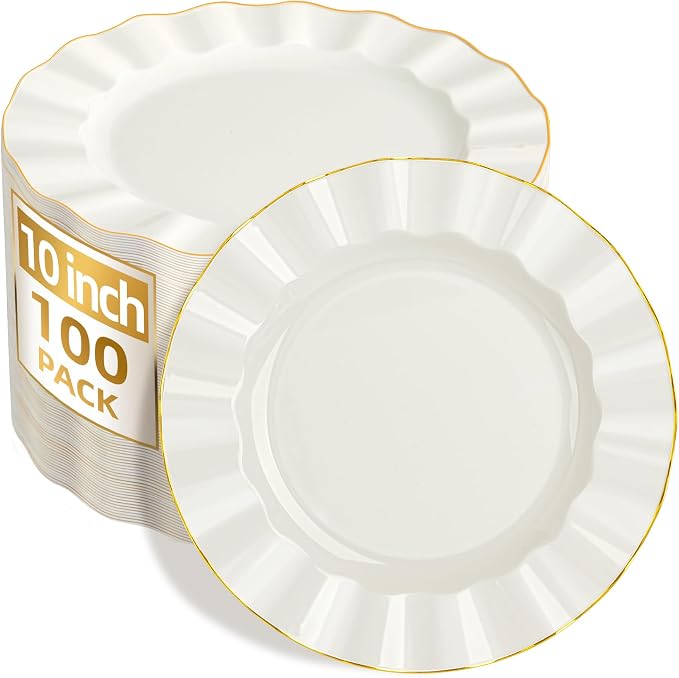100PCS Ivory Plastic Plates 10 Inch, Wavy Plates by Ciselure