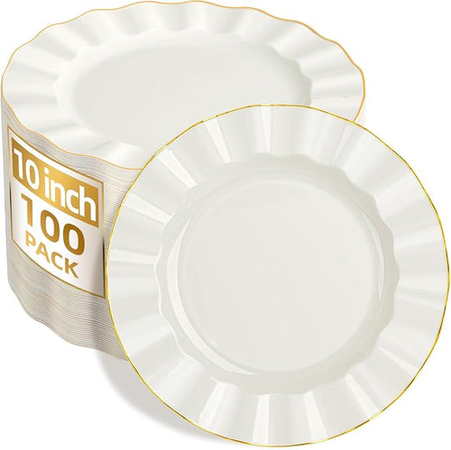 100PCS Ivory Plastic Plates 10 Inch, Wavy Plates by Ciselure