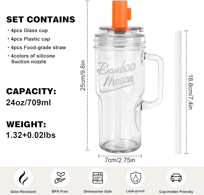 ANOTION Mason Jar Cups with Lids and Straw, Leakproof 24oz Glass Tumbler with - Image 8