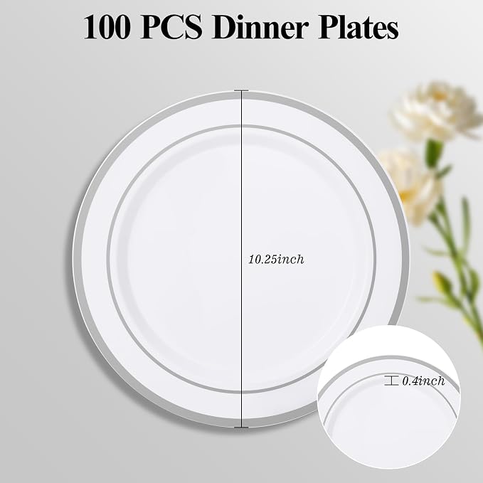 100Pcs Silver Rim Plastic Dinner Plates, 10.25 Inch | Heavy Duty Disposable - Image 4