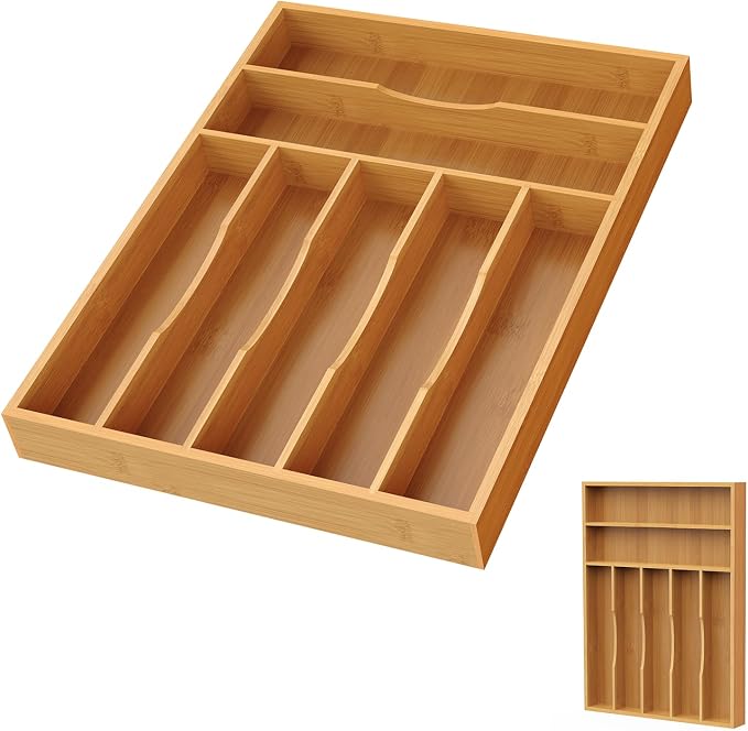 Bamboo Silverware Organizer, 12 Inch Bamboo Kitchen Drawer Cutlery Organizer by Bayting