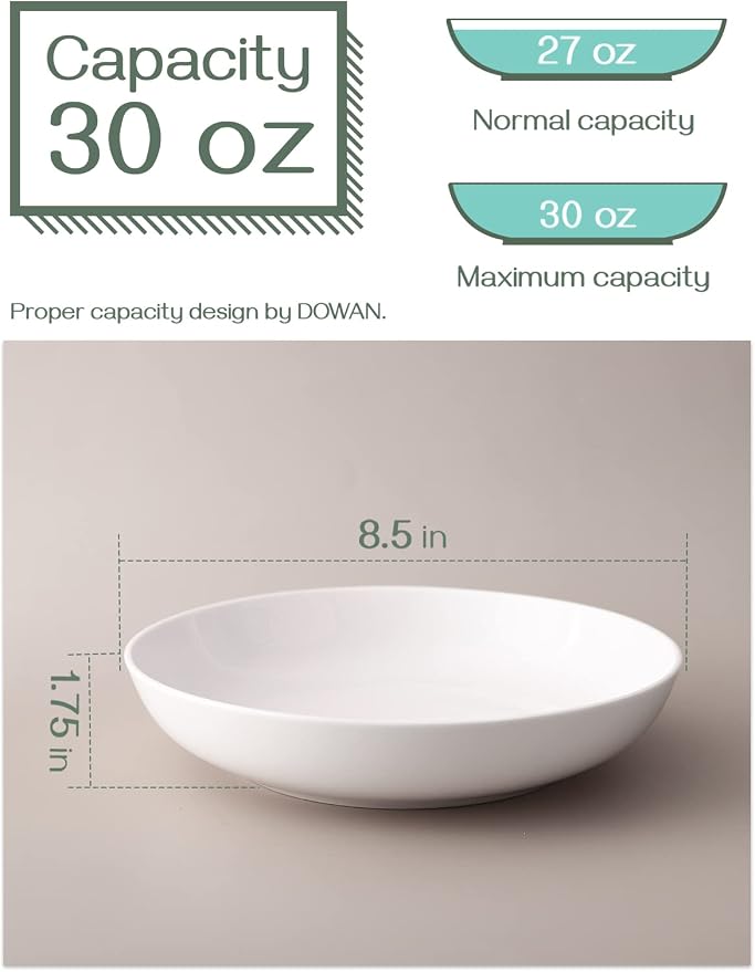 DOWAN 8.5" Pasta Bowls Set of 4, 30oz White Ceramic Shallow Dinner Bowls - Image 2
