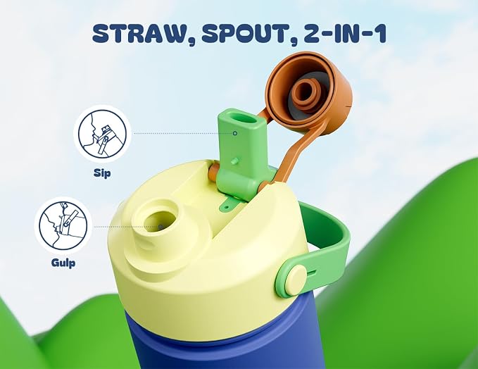 12 oz Kids Insulated Water Bottle: 2-in-1 Straw Spout Lid, Cold 24H, Car - Image 3