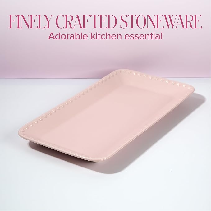 Paris Hilton Rectangle Ceramic Stoneware Serving Platter Tray, Embossed Hearts - Image 2
