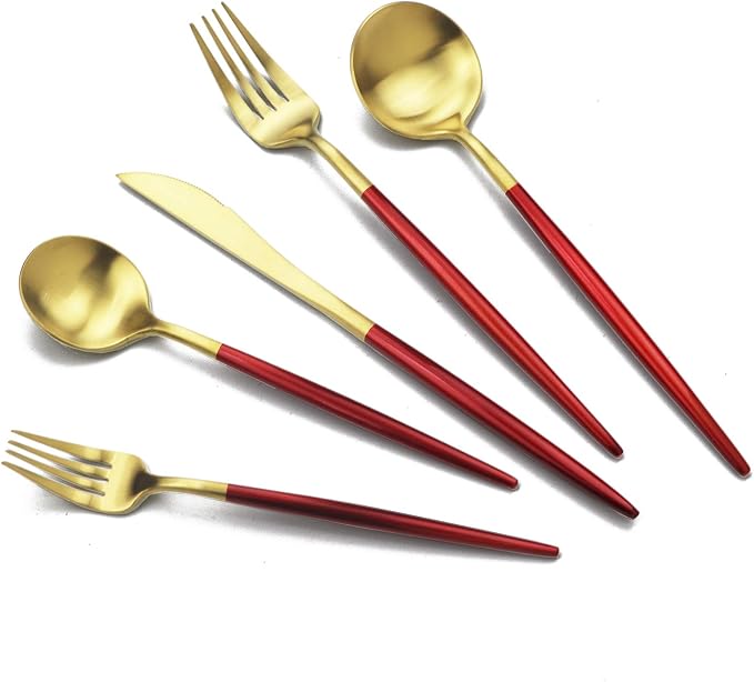 JASHII Luxury 18/10 Red Handle Flatware Gold Silverware Set 304 Stainless Steel by JASHII