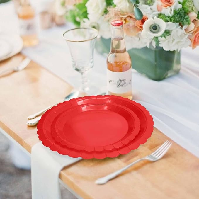 50 Pcs Red Scalloped Paper Plates 25 × 7'' and 25 × 9'' Disposable Red - Image 5