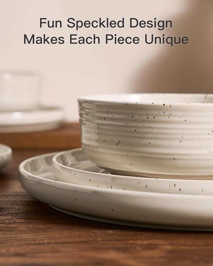 Stoneware Dinnerware Sets for 4, Reactive Glaze Plates & Bowls, Shell Beige | - Image 4