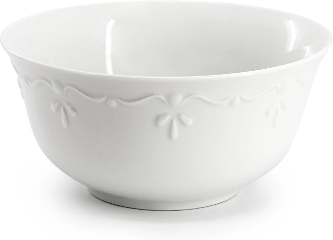 Elama Henryi 16 Piece Embossed Rim Detail Porcelain White Dinnerware Set - Image 3