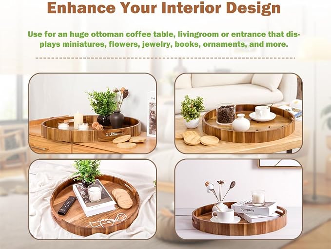 Extra Large Round Ottoman Coffee Table Tray, Huge Wood Serveware Tray - Image 7