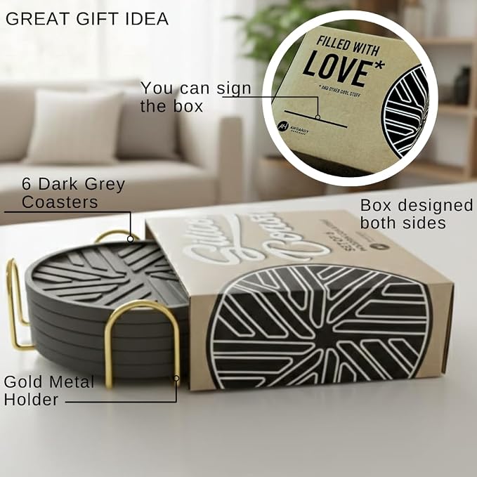 Silicone Coasters Set of 6, Groove Patterns & Gold Holder - Image 3