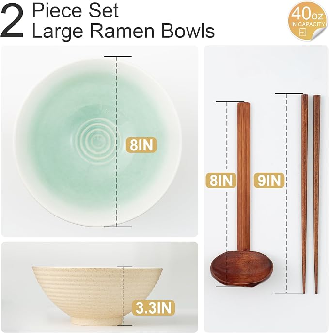 8 Inch Ceramic Ramen Bowl Set of 2, 40oz Japanese Bowls - Image 2