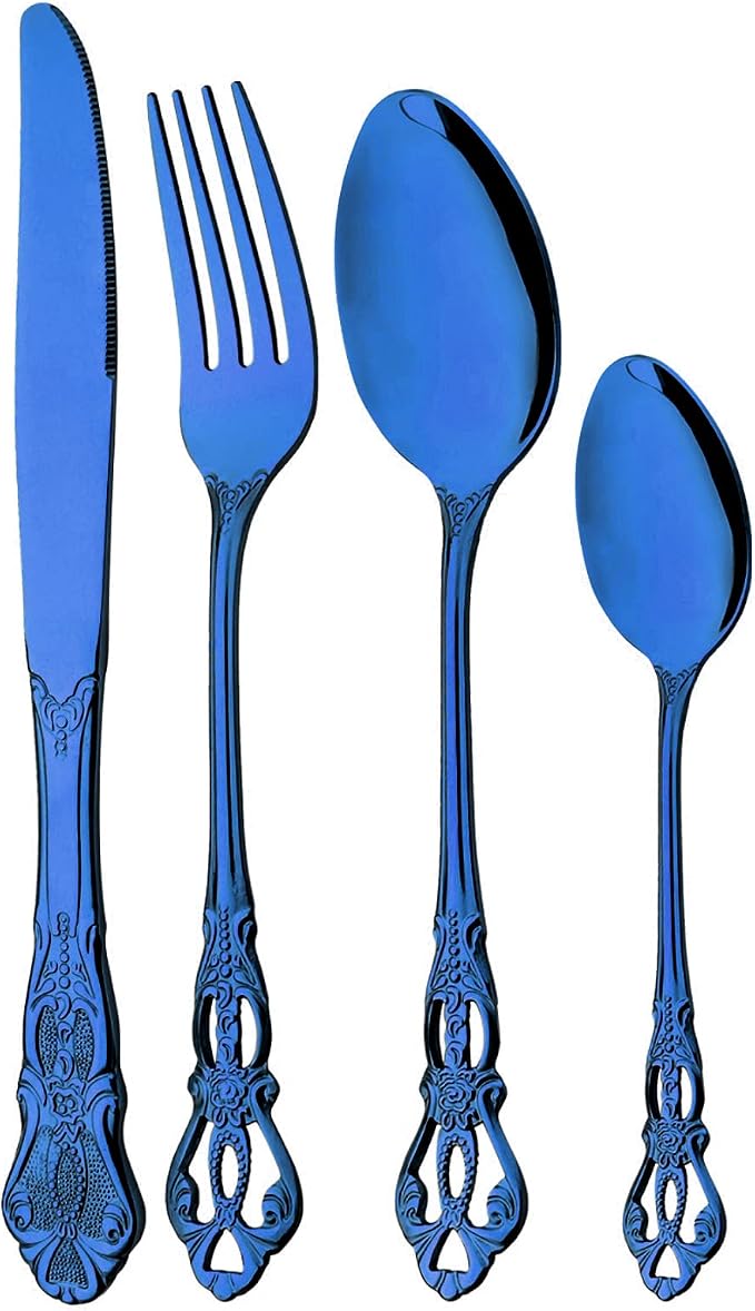 Mirror Polished Blue Silverware Set, 24-Piece 18/10 Stainless Steel Shiny by JANKNG