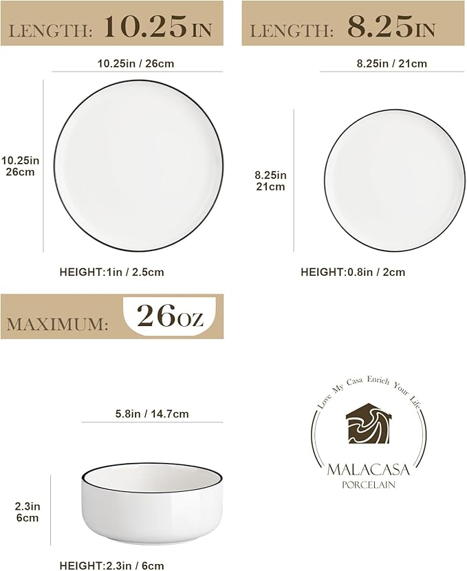 MALACASA Plates and Bowls Sets, 12 Pieces Modern Porcelain Dinnerware Set - Image 2