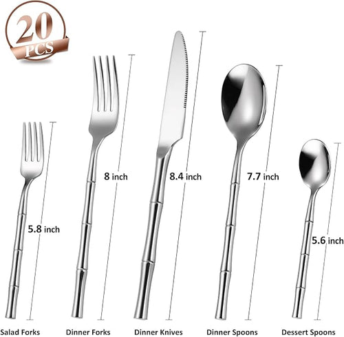 20 Pieces Bamboo Flatware Set Silverware Set Service - Image 2