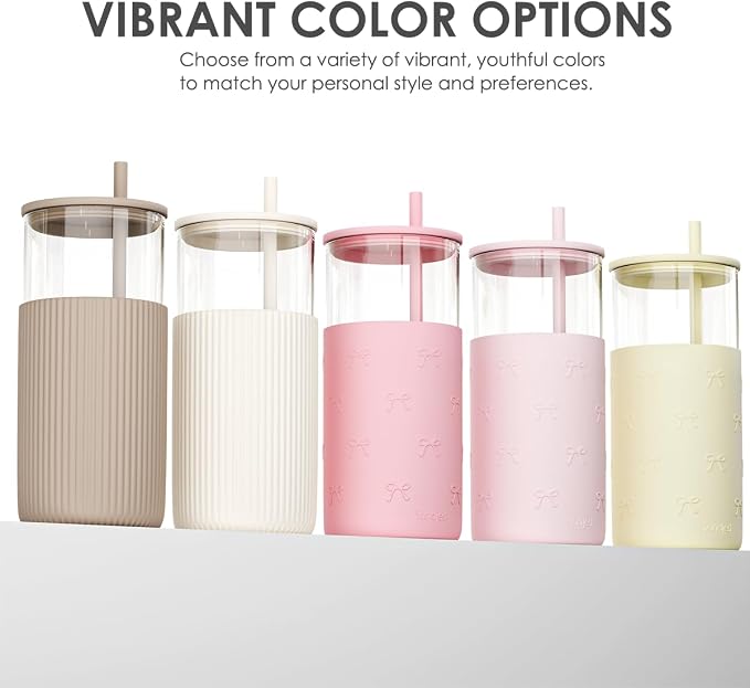 SANDJEST Glass Tumbler with Straw and Lid, Bow Glass Water Bottle with Silicone - Image 5