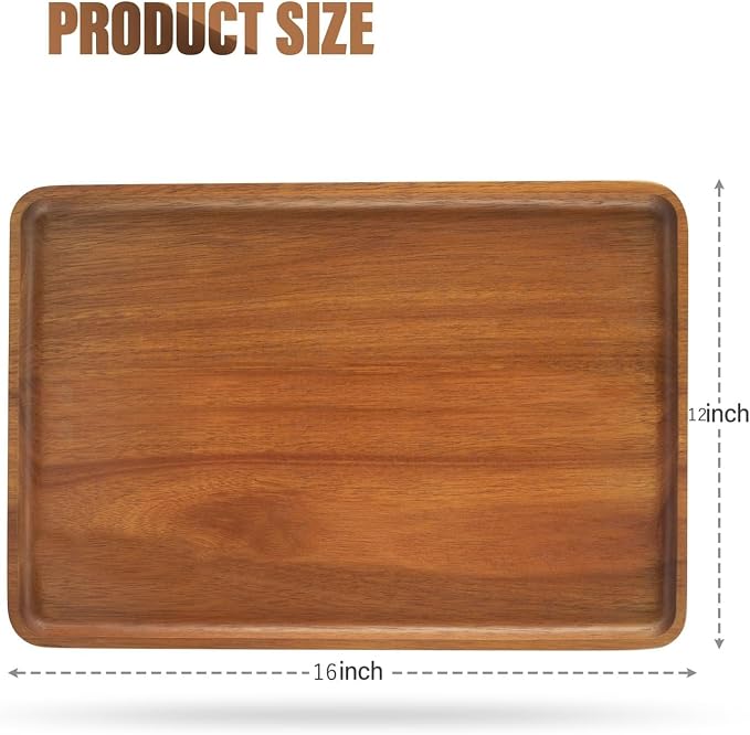 2 PCS Solid Acacia Wood Serving Trays 16 * 12 inch Rectangular Wooden Serving - Image 2
