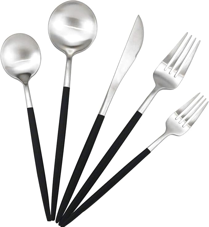 Black Handle Matte Silver Silverware Set by Gugrida