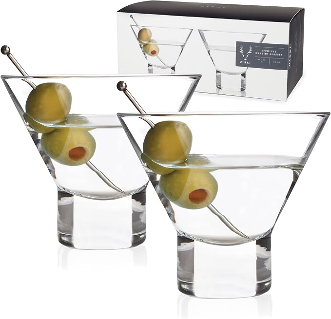 Viski Heavy Base Stemless Martini Glasses Set of 2, Crystal Cocktail Glasses by VISKI