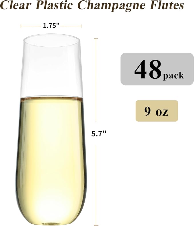 Bestluck 48 Pack 9 oz Clear Stemless Plastic Champagne Flutes | Clear - Image 2