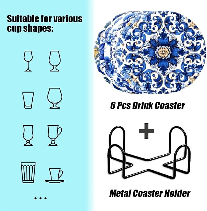 Drink Coasters Set of 6 with Holder Blue and White Porcelain Coasters, Modern - Image 3