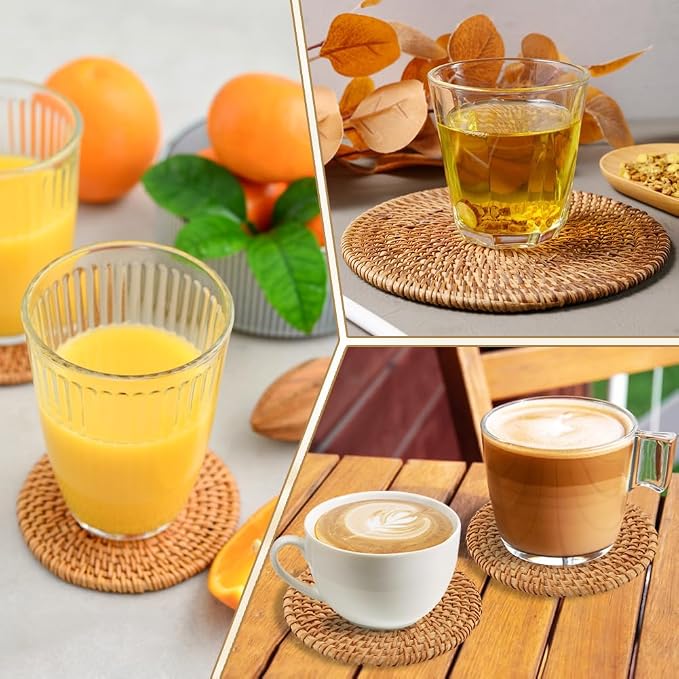 Rattan Coasters Set of 6 with Holder, 3.94 Inch Handwoven Coasters | Natural - Image 9