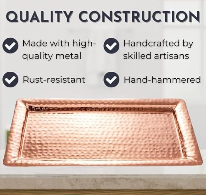 Monarch Abode Decorative Tray – 16-Inch Hand Hammered Copper Plated Metal - Image 4