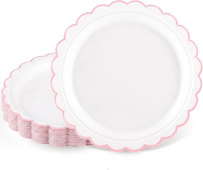 NatNarr 30 Pk Pink Paper Plates 7" Scalloped Pink White Dessert Cake Plates | by NatNarr
