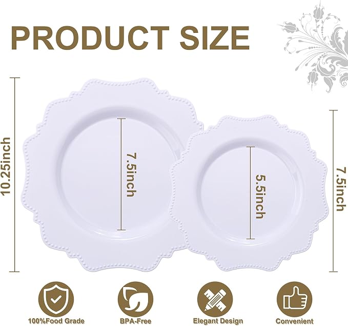 COLOSUS 60PCS White Plastic Plates-Fancy Plastic Beaded Plates, Plastic Premium - Image 4