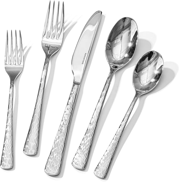 Silverware Set for 12, 60 Piece Flatware Set, 18/10 Stainless Steel | Hammered by KINGSTONE