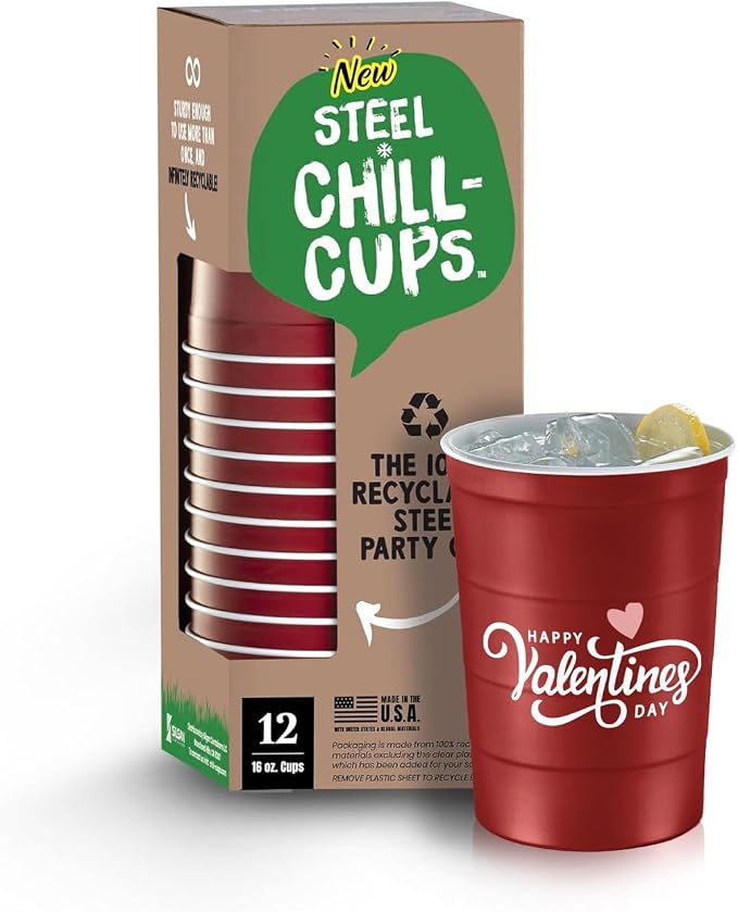 Steel Chill Cups 16 oz. Reusable Party Cups, Valentine's Day, 100% recyclable by SteelChillCups