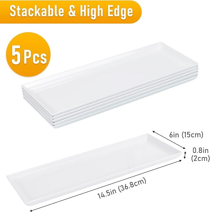 Moretoes 5pcs Melamine White Serving Trays 14.5x6in Rectangular - Image 2
