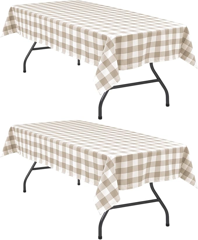 Checkered Table Cloths, 2 Pack, 60 x 120 inch Khaki and White | Waterproof by Hiasan