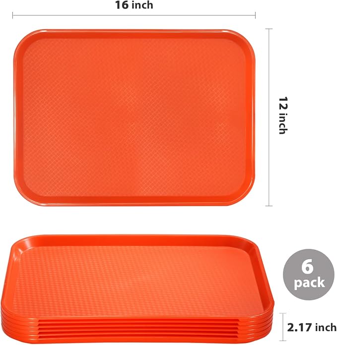 Fast Food Trays Bulk 6 Pack, 12 x 16 Inch Orange Plastic Lunch Tray, NSF - Image 2