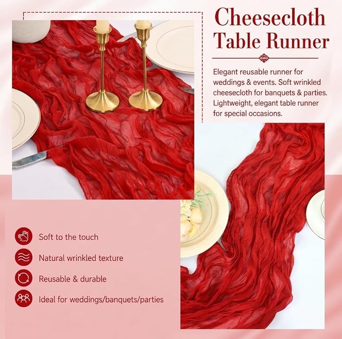 12 Pack Red Cheesecloth Table Runner 17x108 Inch Boho Rustic Semi Sheer Gauze - Image 5