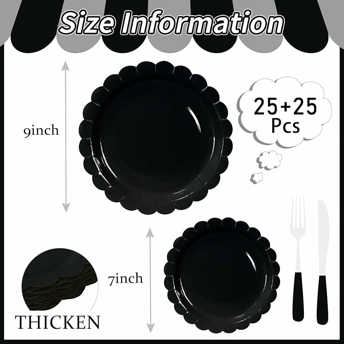50 Pcs Black Scalloped Paper Plates 25 × 7'' and 25 × 9'' Disposable Black - Image 3