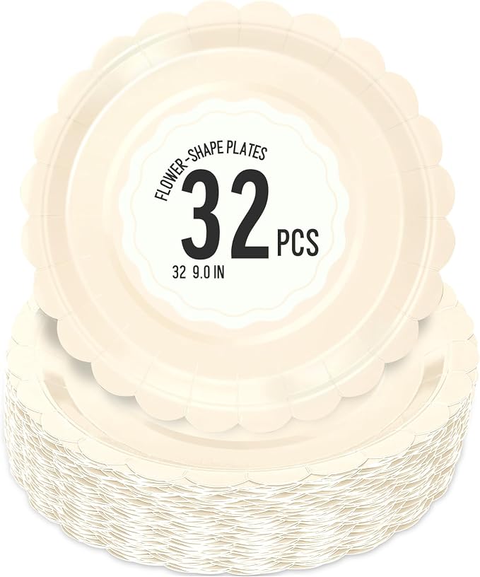 32 Pcs Beige Paper Plates 9 Inch Scalloped Dessert Plates by Polinook-TheAnswerToEveryClutteredSpace
