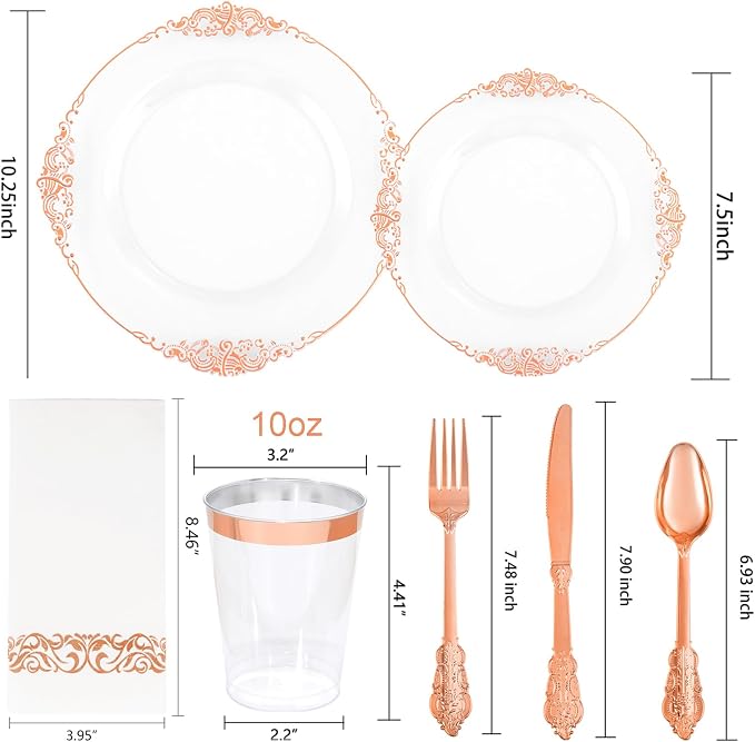 Morejoy 175PCS Rose Gold Plastic Plates & Disposable Dinnerware Sets | Inculdes - Image 5