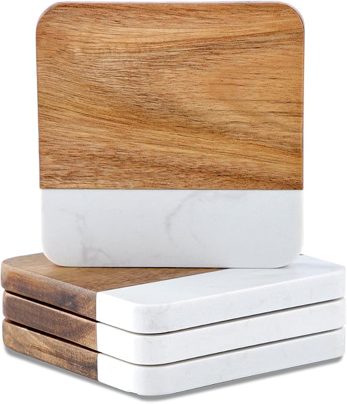 Acacia Wood Marble Coasters for Drinks Set of 4, Square Non-Slip Wooden Stone by Unknown