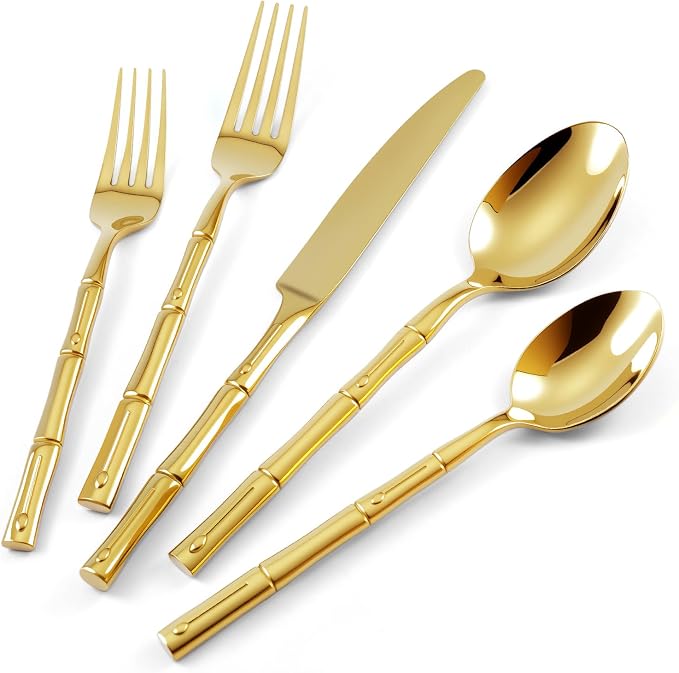 Gold Silverware Set 20-Piece Bamboo Pattern Service by SILWELLSilverwareSet