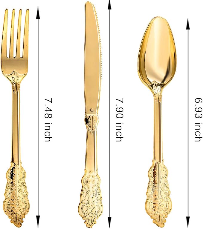 120PCS Gold Plastic Silverware, Vintage Disposable Utensils & Cutlery | 40 - Image 2
