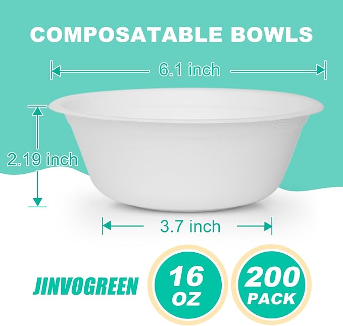 JINVOGREEN 200 Count 16 oz Paper Bowls, Disposable Compostable Bowls, Heavy - Image 3