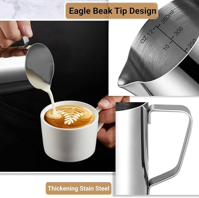 Milk Frothing Pitcher, 350ml/12oz Milk Frother Cup Stainless Steel Jug Steaming - Image 3