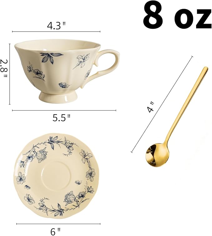 Vintage Fancy Porcelain Tea Cups and Saucers Set of 2, 8 oz China Ceramic - Image 2