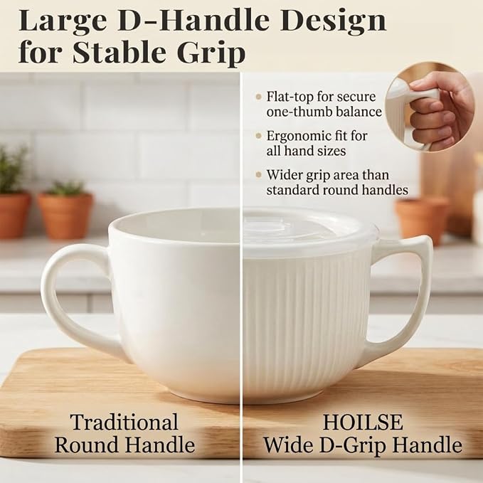 Ceramic Soup Bowl with Handle & Lid, 32oz Microwave Ramen Bowl Set of 2 | Gray - Image 6