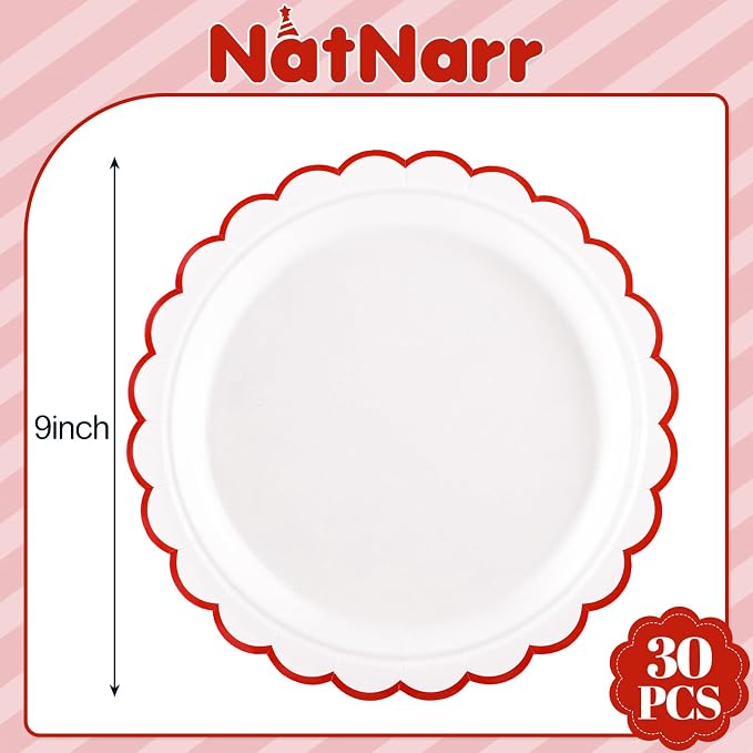 NatNarr 30 Pcs Red Paper Plates 9" Scalloped Red White Party Plates | Cute - Image 2