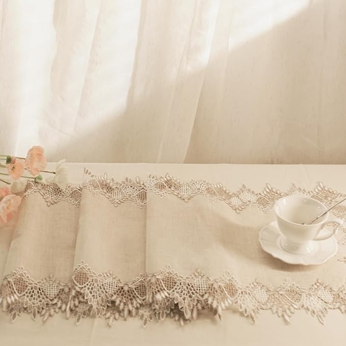Phantomon Neutral Linen Table Runner 51 Inches Beige Embroidered Runner Lace - Image 6