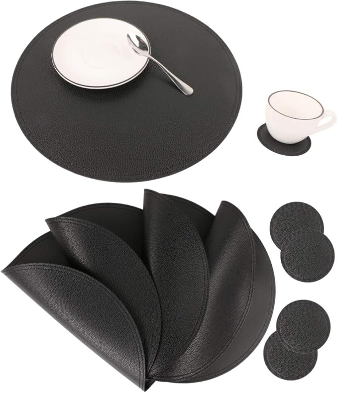 Faux Leather Round Placemats and Coasters, Disko Table Mats and Drink Spills by JOVONO