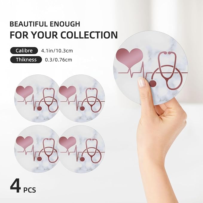 Nurse Doctor Heart Stethoscope Coasters Set of 4, Absorbent Ceramic Drink - Image 3
